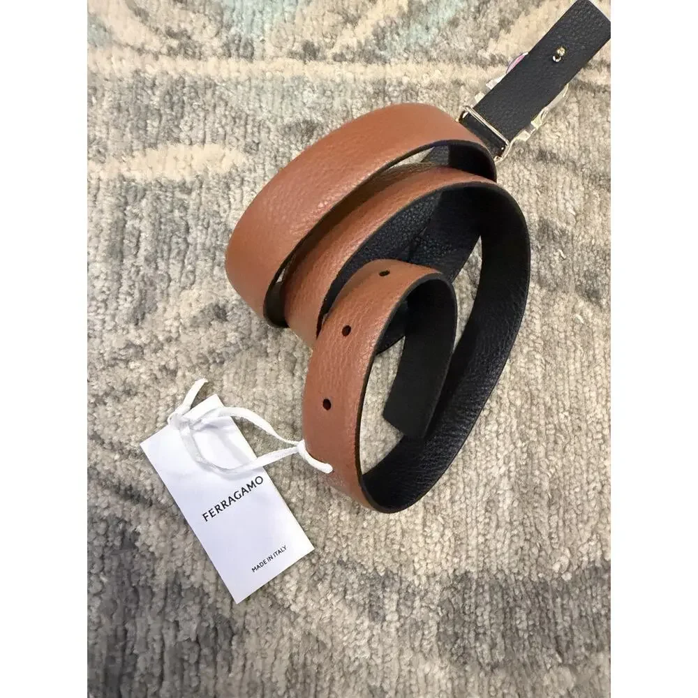 Ferragamo Reversible Gancini belt Cognac/black Gold Buckle Womens Sz 90 NWT $489